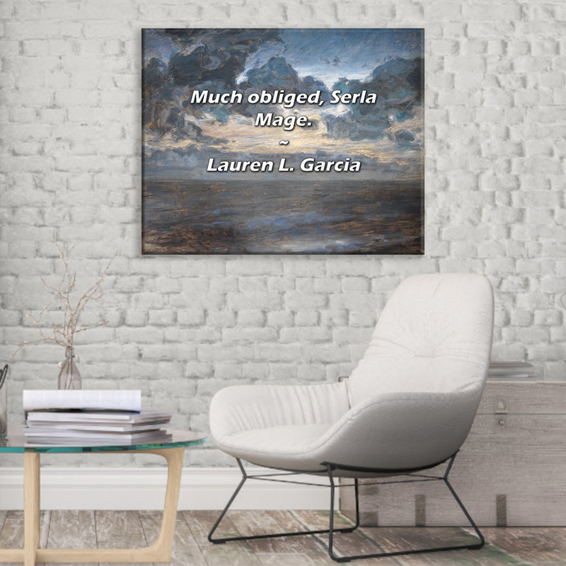 Citation artistique «Beaucoup obligé, Serla Mage». Toile tendue par Lauren L. Garcia, H 40 po x l 28 po