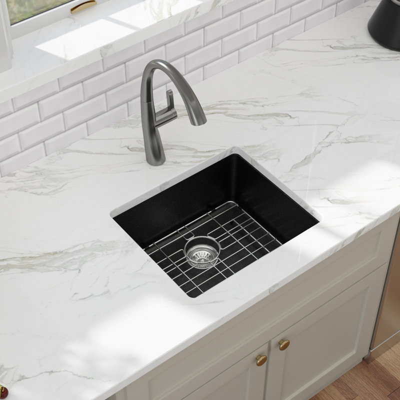 Évier de cuisine encastré en quartz 21 po x l 18 po, évier de cuisine simple noir mat avec grille d'évier, crépine et support à enroulement