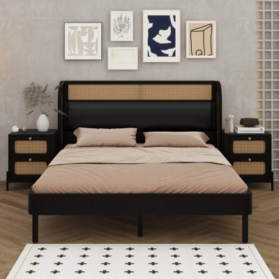 Grand lit plateforme en rotin moderne cannage 3 pièces Bhrigu + table de chevet * 2