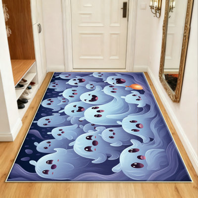 Ghost Rugs for Bedroom, Area Rugs Washable, Halloween Spooky Season Blue Carpet for Living Room, Ghost Decor for Home Indoor, Non Slip, Low Pile Design