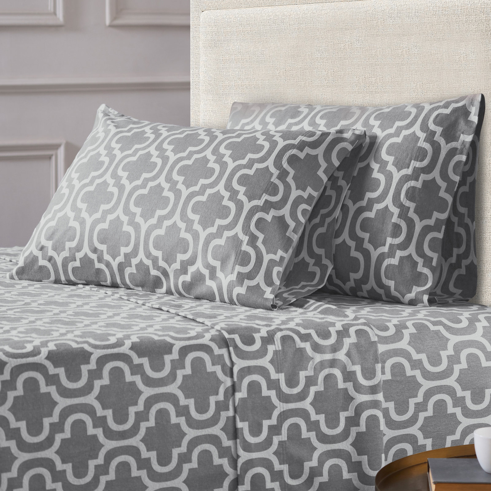 All-Season Breathable 100% Cotton Flannel Pillowcase Set, Standard, Gray Trellis