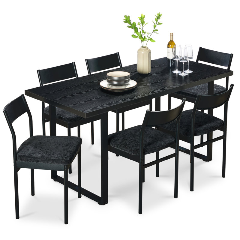 7-Piece Modern Dining Set, Kitchen Table W/ 6 Cushioned Chairs, Metal Frame, Black