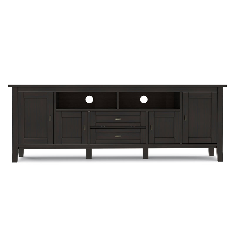 Warm Shaker 72"W Solid Wood Transitional TV Stand for TVs up to 80" with 4 Cabinets, 1 Drawer, and Flip-Down Compartment