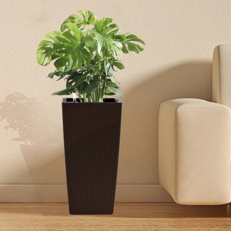 Indoor/Outdoor Modern Faux Rattan Design Square Planter, 22.6 inch Plastic Large Planter with Automatic Watering System for Home and Garden (, 22.6 inch - 2 Pack)
