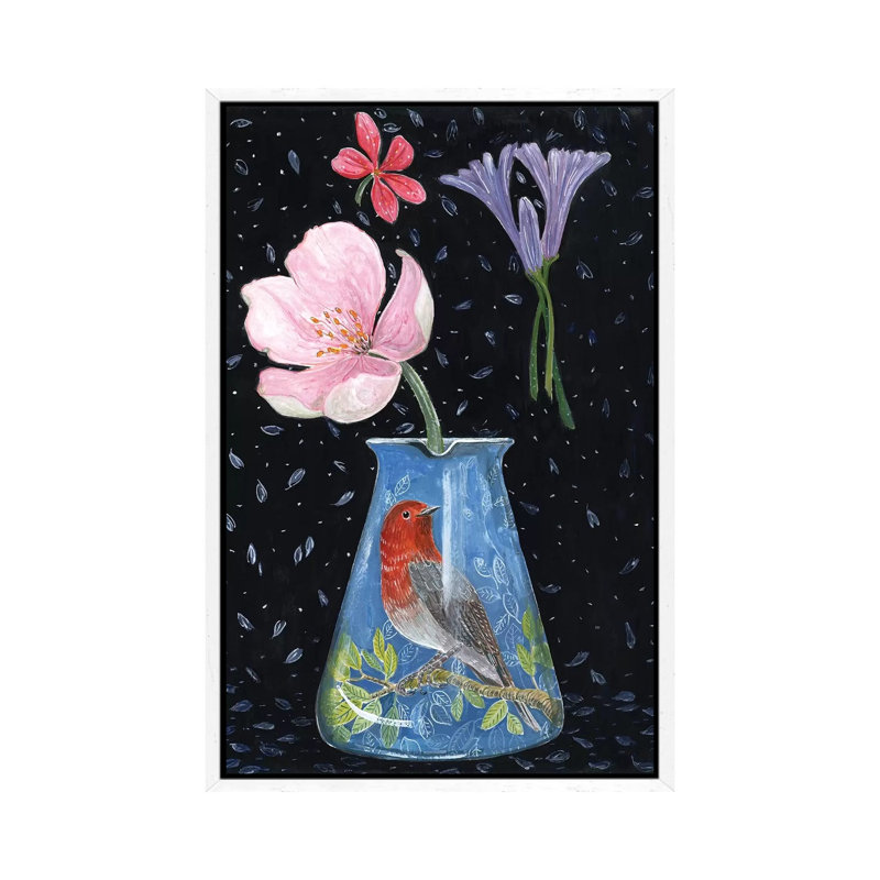 Blue Vase With Robin by Miri Eshet - Painting on Canvas, 101.6 cm H x 66.04 cm W, White Framed