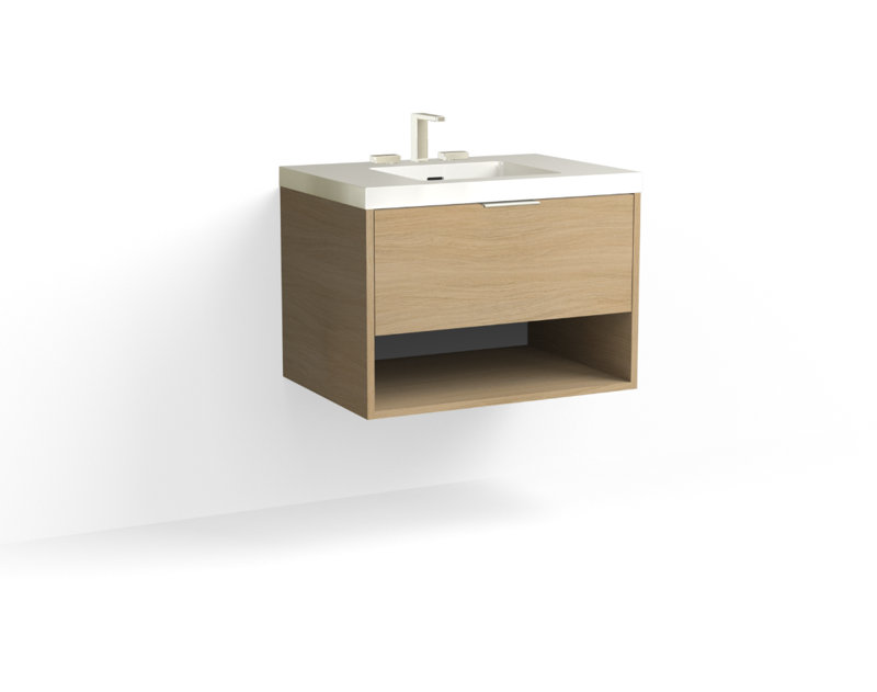 Modo 30" W Wall Mounted Single Bathroom Vanity, Glossy White/8" Widespread, Nocino, Satin Nickel