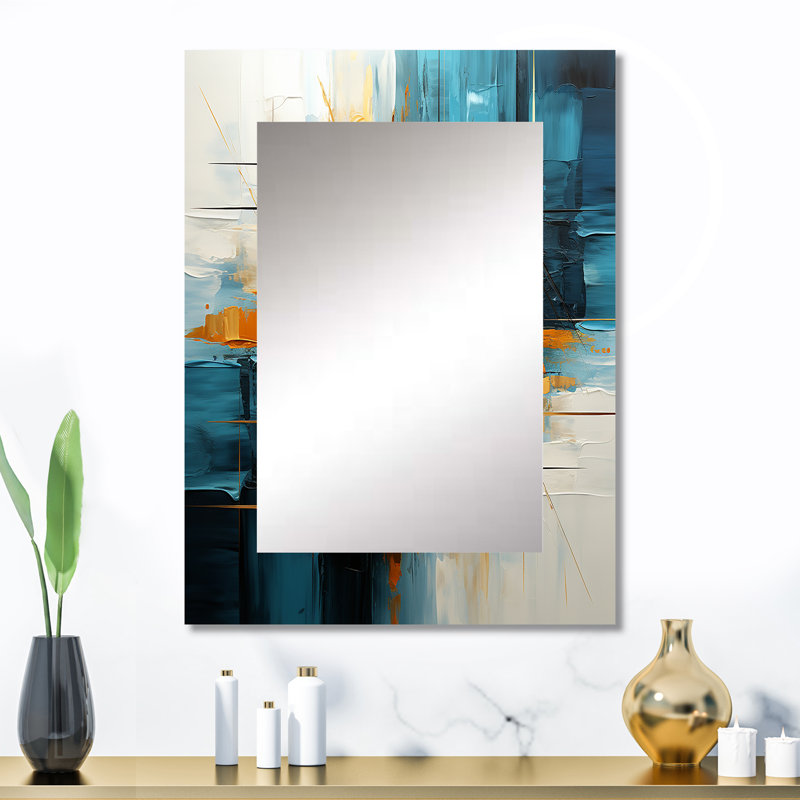Gold Teal Abstract Fractal Collage Reflections II - Fractals Mirror, Modern Decorative Wall Mirror, Printed Metal Art
