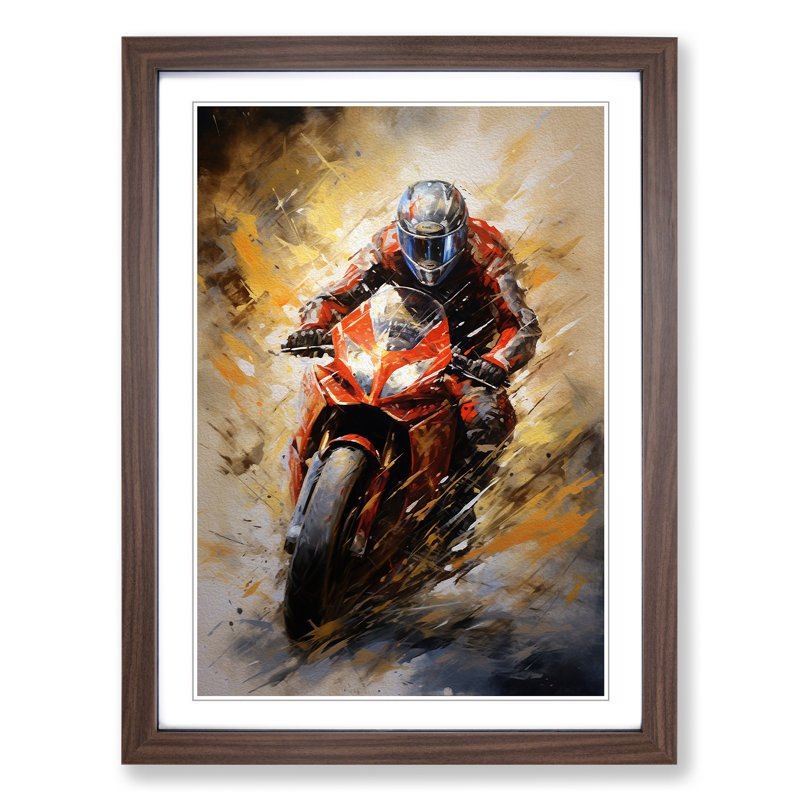 Motorbike Action Painting - Single Picture Frame Print on Wood, Walnut Framed, 46cm H x 34cm W x 2cm D