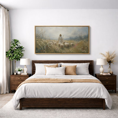 «Jesus the Good Shepherd with Flock Extra Large», reproduction d'art sur toile encadrée