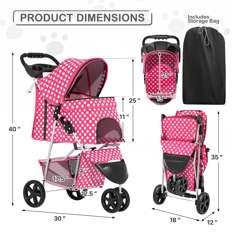 Foldable Pet Stroller, 3 Wheels Folding Carrier Jogger Stroller for Dogs Cats with Canopy and DIY Stickers, Pink/Dots
