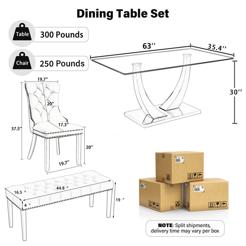 Ensemble de salle à manger rectangulaire avec banc, table de cuisine moderne de style Mid-Century et chaises capitonnées et banc de salle à manger de style luxueux Glass