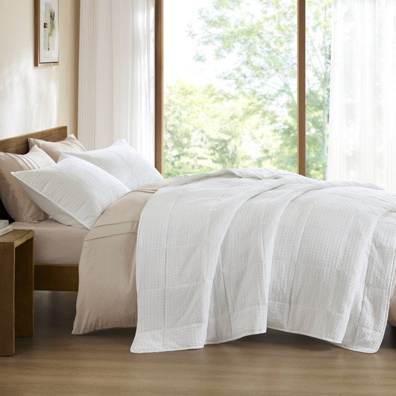 Ensemble de courtepointe texturée Mina Waffle Weave, Courtepointe pour lit double/grand et 2 taies déc, Blanc