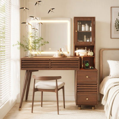 45.9" Makeup Vanity Desk with Mirror and Lights, 5-Drawer Vanity Table with Rubber Wood Legs, Fluted Glass Storage Cabinet & Power Outlet, Espresso