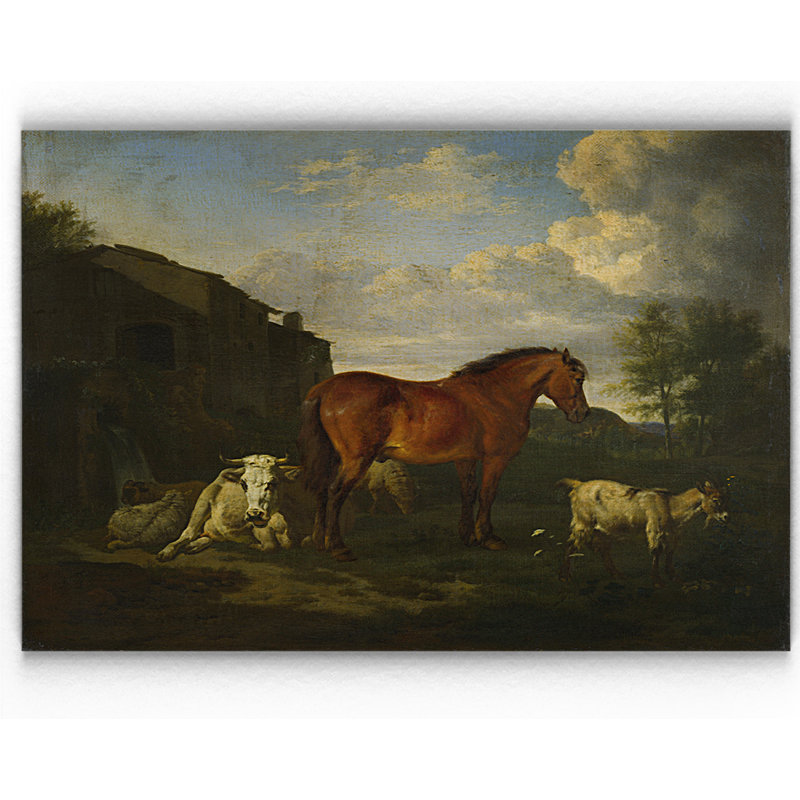 « animaux près d’un bâtiment », impression, H 18 po x l 27 po x P 1,5 po, Toile tendue, Pas de tapis