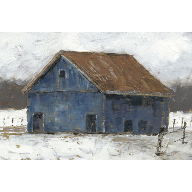 " Blue Barn II " by Ethan Harper Painting Print, 24" H x 36" W, Maple Floater Framed, Silver