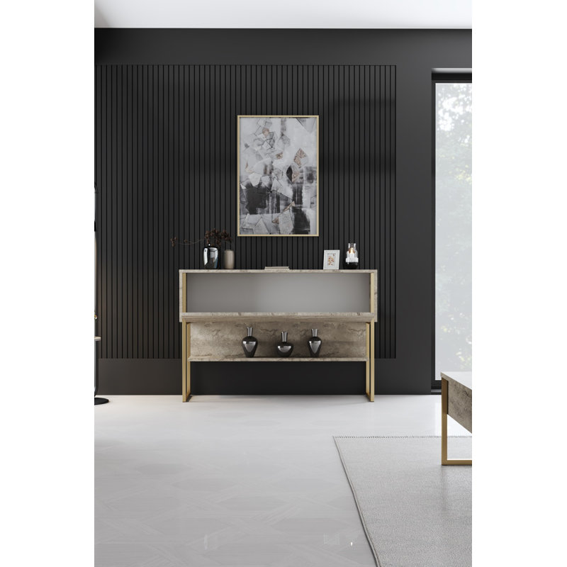 Ensemble de mobilier de salon moderne (3 pièces) | Travertin et finition dorée | Meuble télé (70,9 x 11,8 x 18,5 po), table basse (35,4 x 15,4 x 15,7 po), commode (47,2 x 31,5 x 11,8 po) | Panneau de particules 100% enduit de mélamine, pieds en métal durables, design élégant