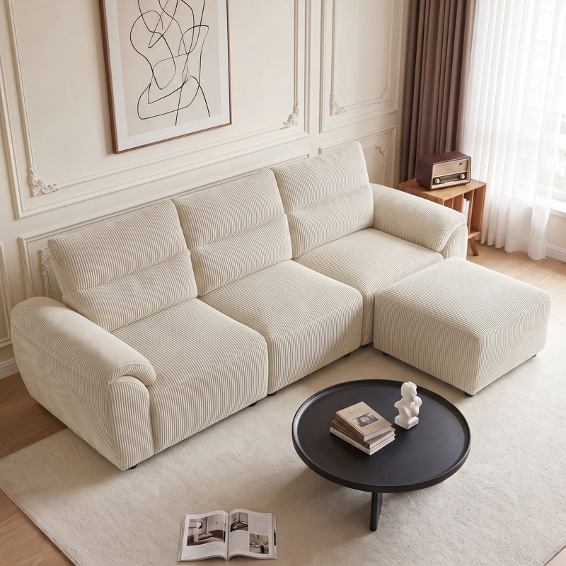 Canapé modulaire en L avec repose-pieds Boucle, Velours côtelé blanc, H 35 po x l 30 po x P 30 po