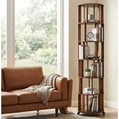 Bibliothèque rotative à 6 niveaux, tour de bibliothèque rotative en bois massif avec roulettes, bibliothèque rotative à 360 ° pour petits espaces, coin, chambre à coucher, salon, maison, bureau, noyer