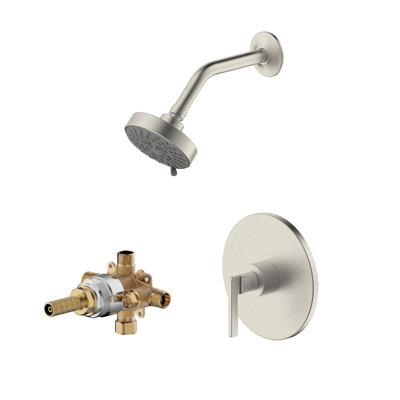Garniture de douche de la collection Ardua seulement: pomme de douche ronde à 4 fonctions de 4 po, ensemble de poignées simples et soupape brute incluse - nickel brossé résistant aux taches