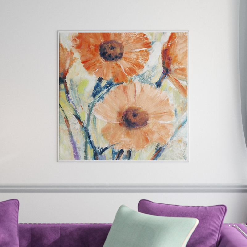 «Flowers in Bloom II», peinture sur toile, H 31,7 po x l 31,7 po x P 1,75 po, Cadre flottant blanc