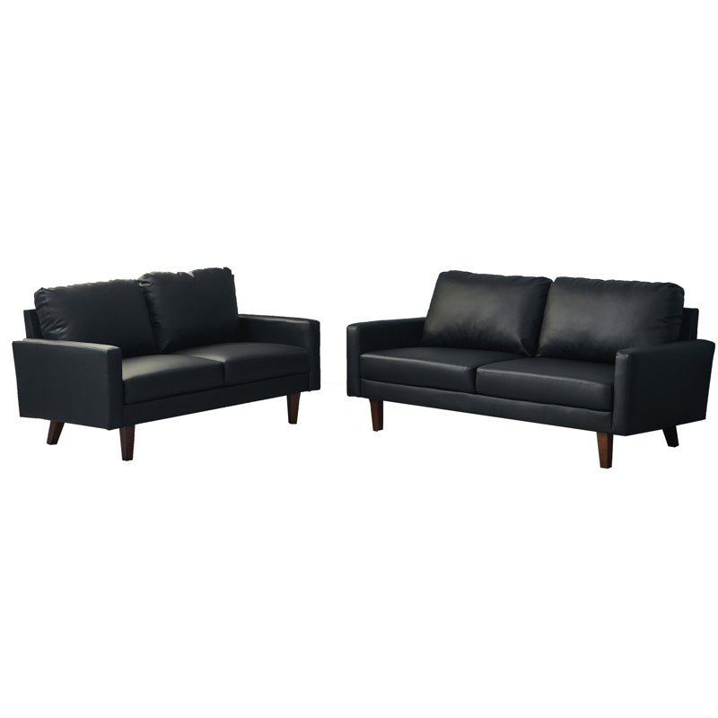 Black Faux Leather 2-Piece Sofa and Loveseat Set with Wooden Legs