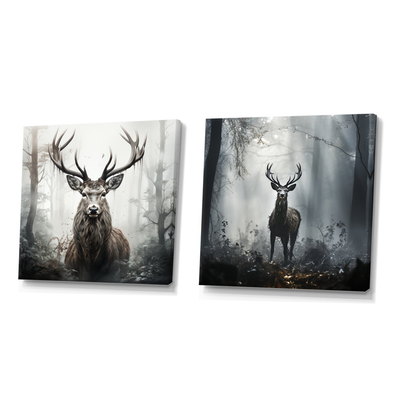 Portrait de cerf gris dans la forêt mystique I - ensemble de 2 décorations murales cerf, Toile tendue