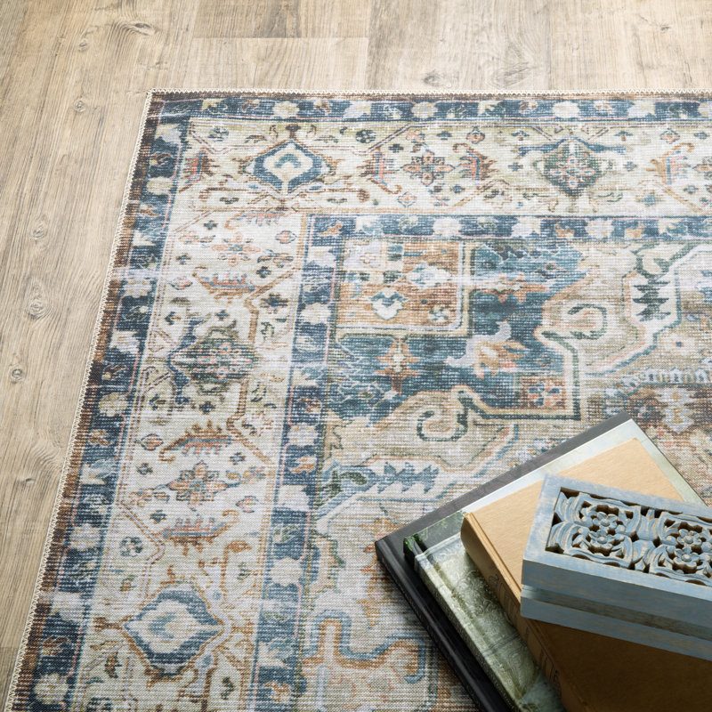 DiBernardo Machine Washable Performance Non-Skid Blue/Green/Gold Rug Mat, Rectangle 3'6" x 5'6"