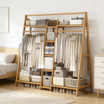 9-Tier Bamboo Garment Rack With Hanging Rods And Storage Shelves, Portable Wardrobe Closet Organizer For Bedroom, Entryway, And Living Room