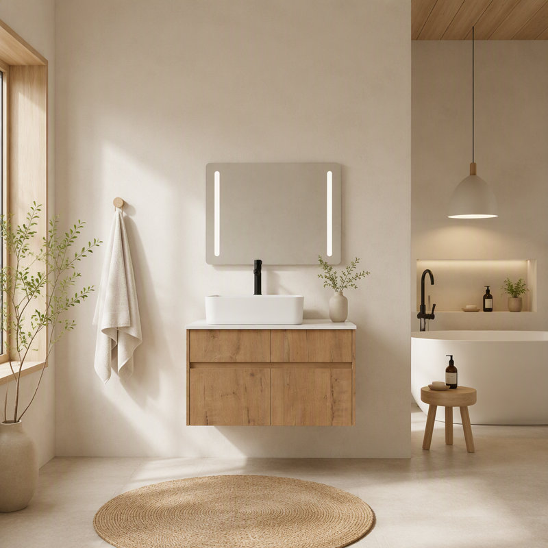 Meuble-lavabo mural flottant avec lavabo pour rangement de salle de bain, Imitative Oak