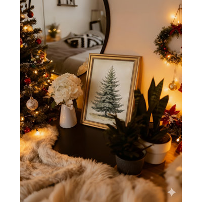 Gold Framed Canvas Art, Vintage Christmas Tree Decor, 12x16Inch, Winter Retro Pine Picture Painting Gifts, xmas Decorations for Bedroom Living Room Shelf Fireplace