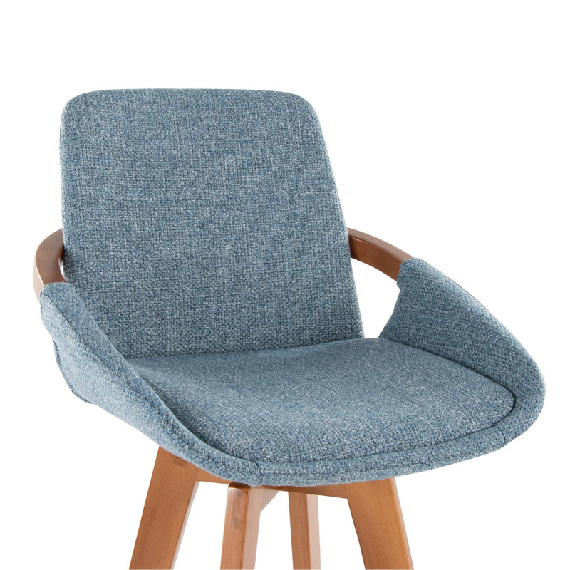 Tabouret 29 "de hauteur fixe avec pivot en bambou noyer et tissu bleu avec repose-pieds rond en métal noir
