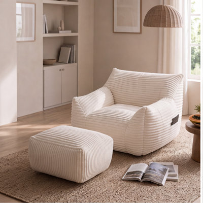 Fauteuil à billes surdimensionné blanc avec repose-pieds pour adultes, canapé confortable en tissu pour salon, chambre à coucher et dortoir