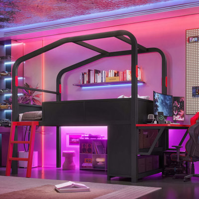 Low Loft Bed with Side Desk and Usb Ports, Gaming Style Metal Loft Bed with Led Lights, Storage Cabinets, and Chic Canopy Design