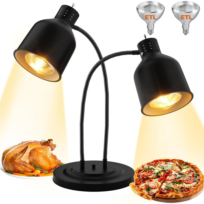  Dual Head Food Heat Lamp Adjustable Commercial Warming Light with ETL Bulbs for Restaurants and Buffets Black 500W