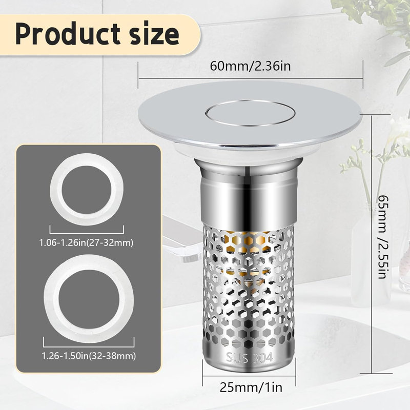 2-Pack Universal Bathroom Sink Drain Stopper, 1.06-1.50 Inch Stainless Steel Pop-Up Filter For US Standard Sink