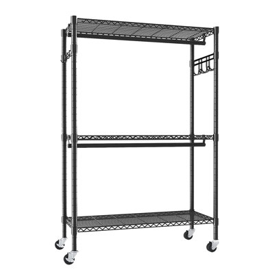 Portant à vêtements robuste avec 3 tablettes, 2 tringles de suspension, crochets latéraux et roulettes verrouillables, organisateur de garde-robe autoportant