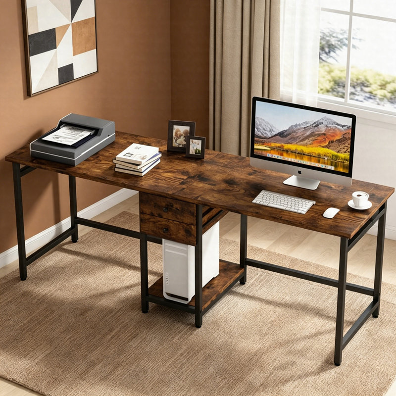 Industrial Two Person Desk 78", Double Computer Desk With Drawers & Storage Shelf, Rustic Brown