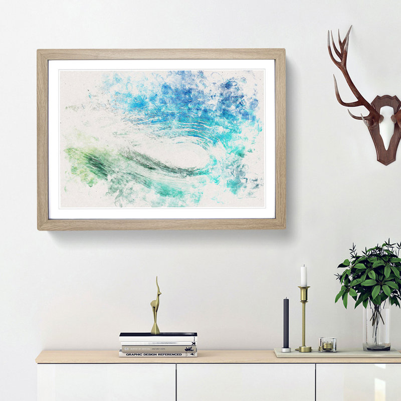 Within The Wave In Blue & Green Watercolour - Picture Frame Graphic Art, Oak, 45cm H x 63cm W x 2cm D