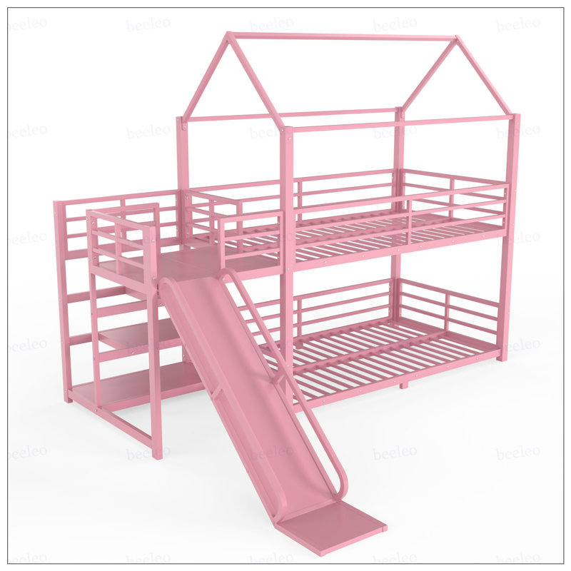 Lit simple superposé en métal avec escalier de rangement, glissière, rails de sécurité, rose, Lit simple