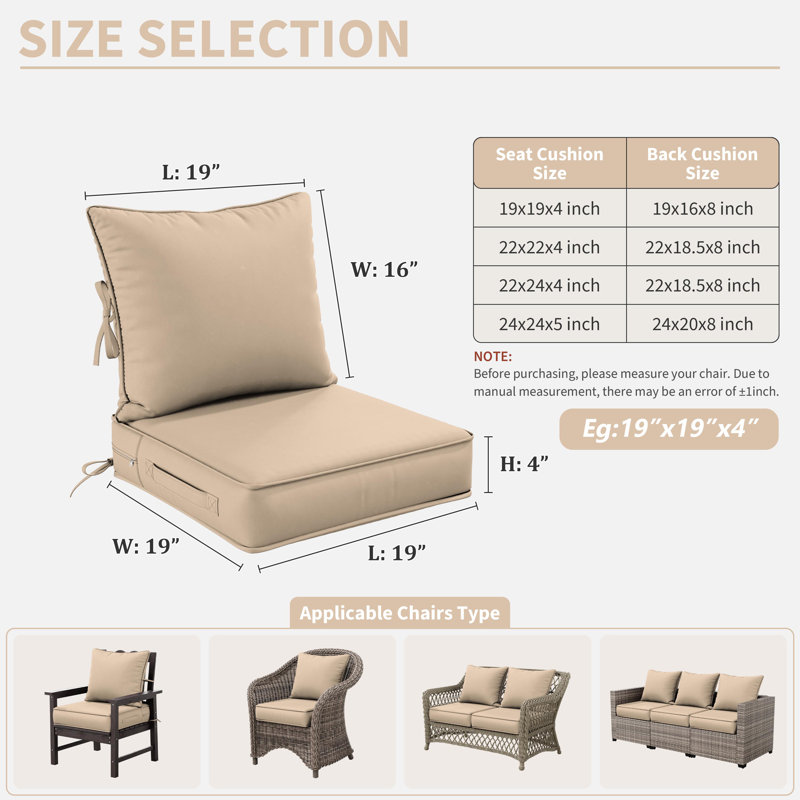 Outdoor Deep Seating Cushion Set Indoor And Outdoor Seat / Back Cushion, Available In 4 Sizes, Sand, 19" H x 19" W