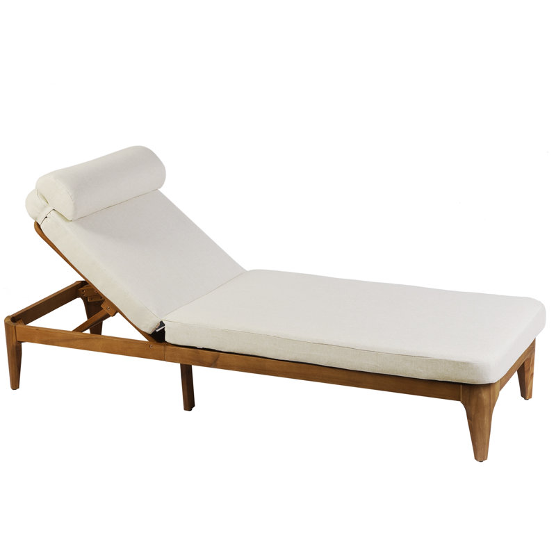 Chaise longue en bois avec dossier réglable et coussin de tête, Beige