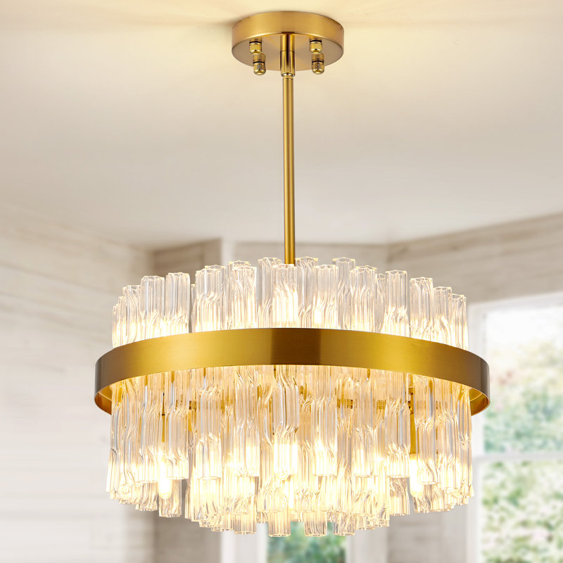 12-Light Dimmable Round Crystal Hanging Light Modern Chandeliers, 2 Tiers, 8 Lights, 15.7"