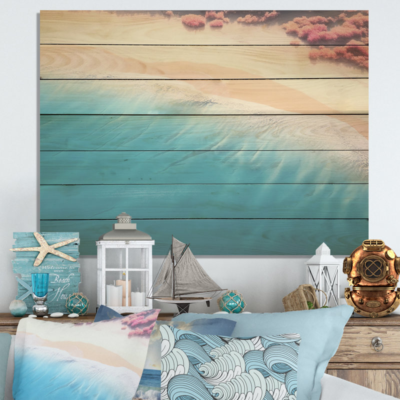 Tropical Beach, vue aérienne des vagues II - plage et océan sur bois, H 10 po x l 20 po