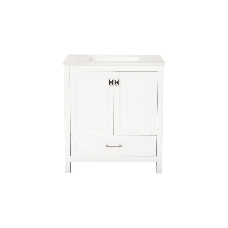 Meuble-lavabo de 30 po avec comptoir en marbre, armoire en bois massif blanc. Style élégant, mécanisme de fermeture en douceur. Meuble-lavabo 24V03-30Wh entièrement assemblé, comptoir d'armoire. Conception tendance, fermeture.