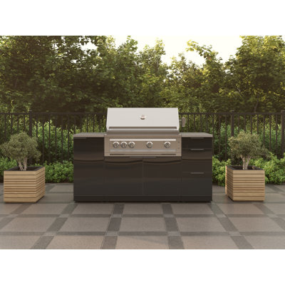 Ensemble d'armoires d'extérieur 4 pièces en aluminium gris ardoise avec 3 tiroirs, armoire de barbecue, barbecue au gaz naturel performant 40 po et plateau noir Dekton 16 po