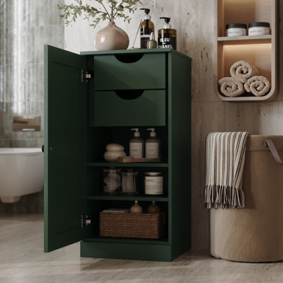 100% Solid Wood Bathroom Storage Cabinet, Raised Panel Door, 2 Drawers, Adjustable Shelves, 16.5" Wide, 35.75" Tall