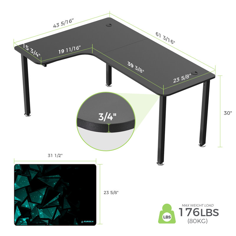 Adetomiwa 60'' L Shape Gaming Computer Desk With Free Large Mouse Pad For Home Office, Left Hand Return, Black