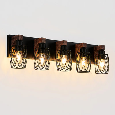 31-Inch Industrial Vintage 5- Wall Sconce With Black Cage And Wooden Accents For Bathroom, Hallway, Living Room, Bedroom, Dressing Entryway, Kitchen, Office - , , Easy To Install, Compatible E26
