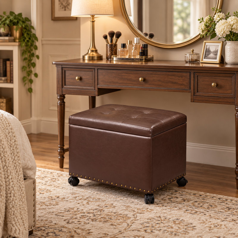Repose-pieds de rangement en similicuir 22 po avec plateau rabattable et roulette, Brown