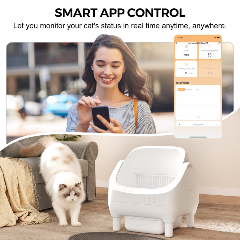Litière Coziwow Smart avec bac à déchets, brosse de nettoyage, chargeur et litière pour chat